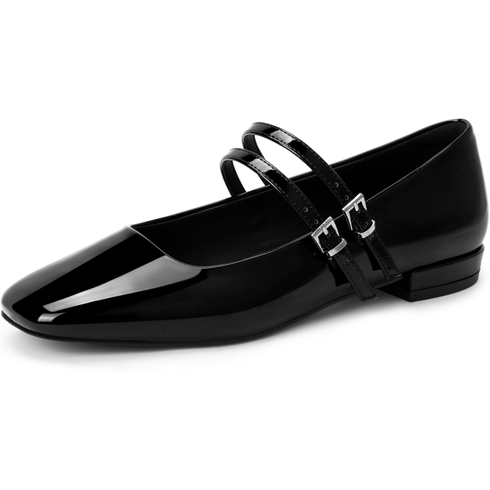 image:imageIDIFU Ballet Flats Square Toe Mary Jane Flat Shoes for Women Double Strap Closed Toe Ballerina Flat Dress Shoes Comfortable Casual Formal Work Office Business Cute Fashion Dressy FlatsBlack Pat