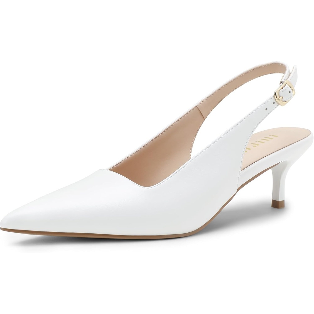 image:imageIDIFU IN2 Kitten Heels Slingback Dress Shoes for Women Low Closed Pointed Toe Small Heels Ladies Brides Dressy Wedding Formal Office Party Evening Prom Comfortable Classy Trendy Cute Pumps ShoesWhite Pu