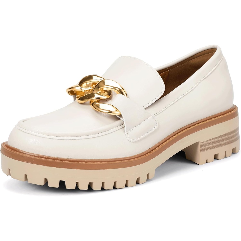 image:imageIDIFU IN2 Platform Loafers for Women Dressy with Metal Chain Slip On Low Chunky Block Lug Sole Heeled Penny Loafers Comfort Closed Round Toe Dress Shoes Office Work Business Casual Fall Loafers ShoesBeige Pu