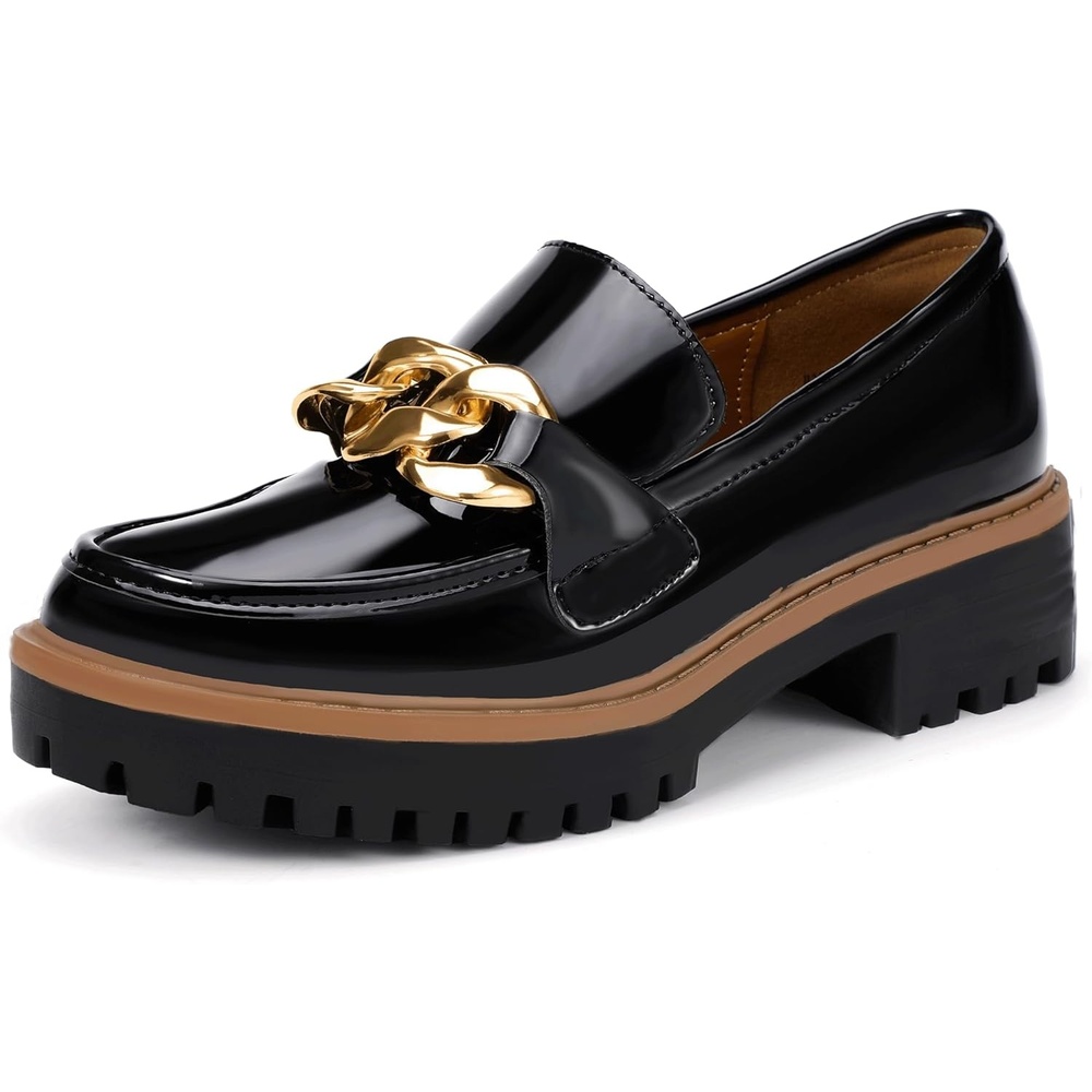image:imageIDIFU IN2 Platform Loafers for Women Dressy with Metal Chain Slip On Low Chunky Block Lug Sole Heeled Penny Loafers Comfort Closed Round Toe Dress Shoes Office Work Business Casual Fall Loafers ShoesBlack Patent