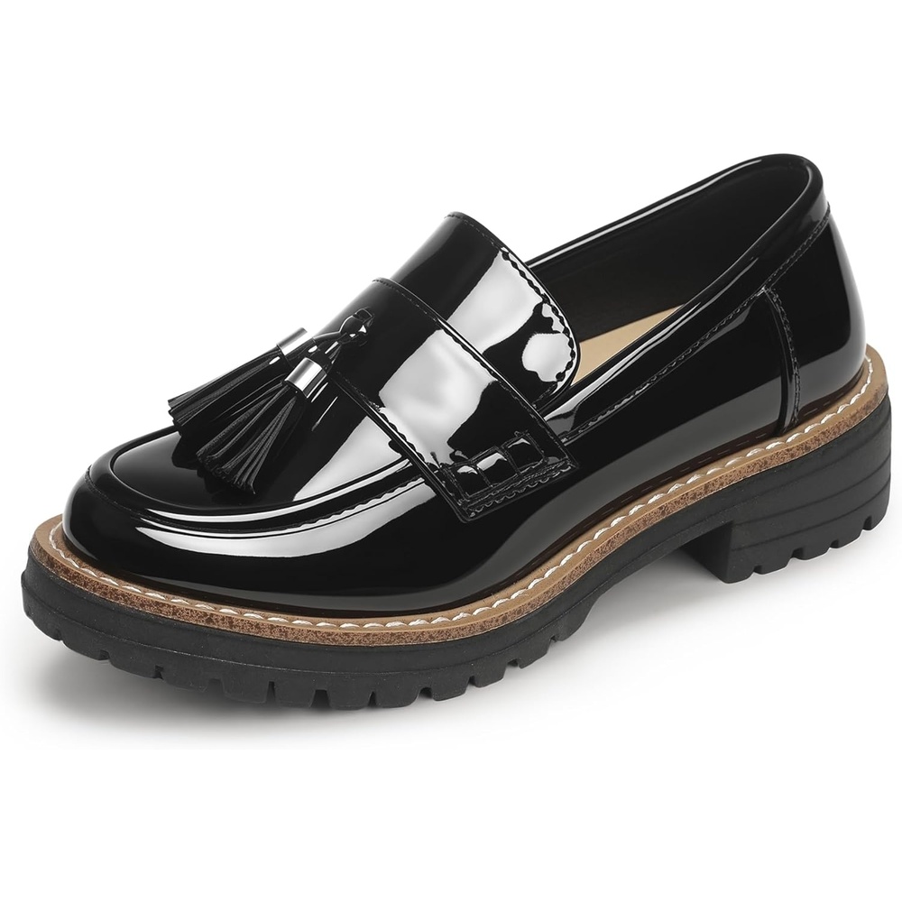 image:imageIDIFU IN2 Platform Loafers for Women Lug Sole Slip on Shoes Chunky Penny Low Heeled Loafers for Women Fall Work Business Office Party Casual Comfortable Fashion Closed Toe Dress Shoes with TasselBlack Pat