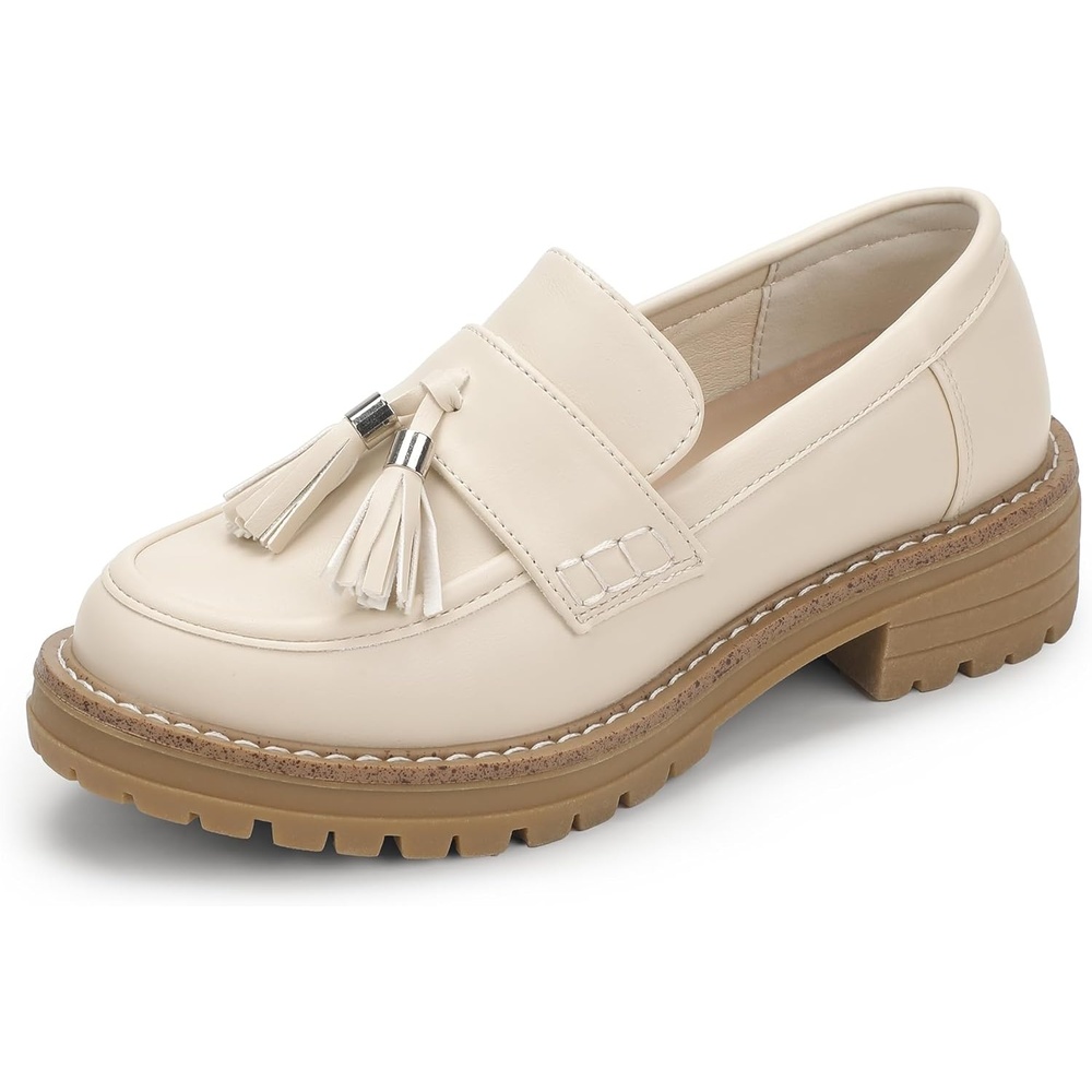 image:imageIDIFU IN2 Platform Loafers for Women Lug Sole Slip on Shoes Chunky Penny Low Heeled Loafers for Women Fall Work Business Office Party Casual Comfortable Fashion Closed Toe Dress Shoes with TasselBeige Pu