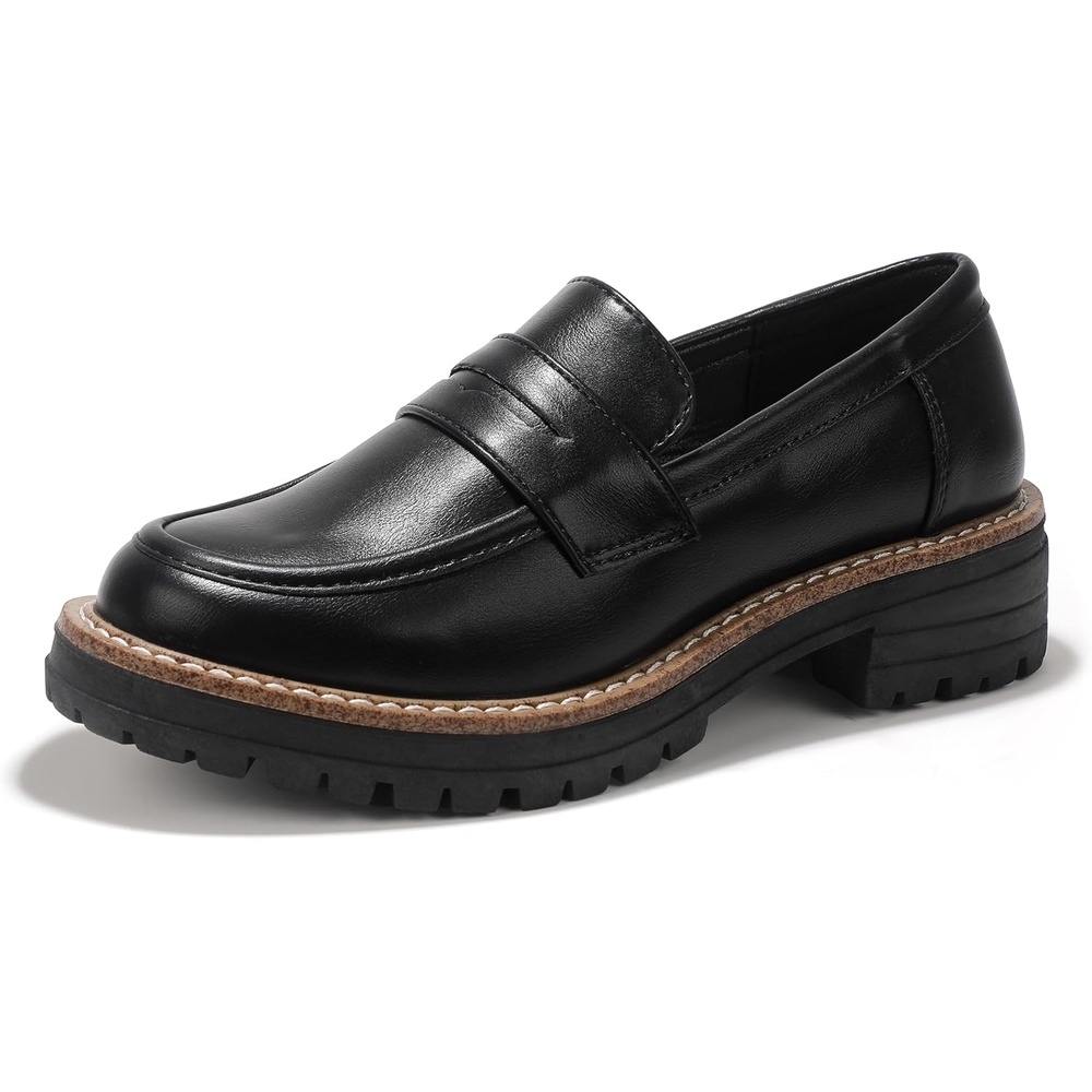 image:imageIDIFU IN2 Womens Platform Loafers Chunky Penny Heeled Loafer Lug Sole Slip On Closed Toe Dress Shoes for Women Dressy Comfortable Work Office Business Casual Loafers ShoesBlack Pu
