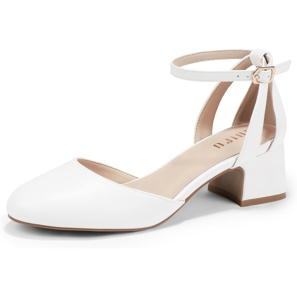 image:imageIDIFU IN2 Womens Pumps Closed Round Toe Low Block Chunky Ankle Strap Heels Dressy Wedding Bride Prom Business Office Dress Shoes for Women Comfortable Cute Formal Short Small HeelsWhite Pu