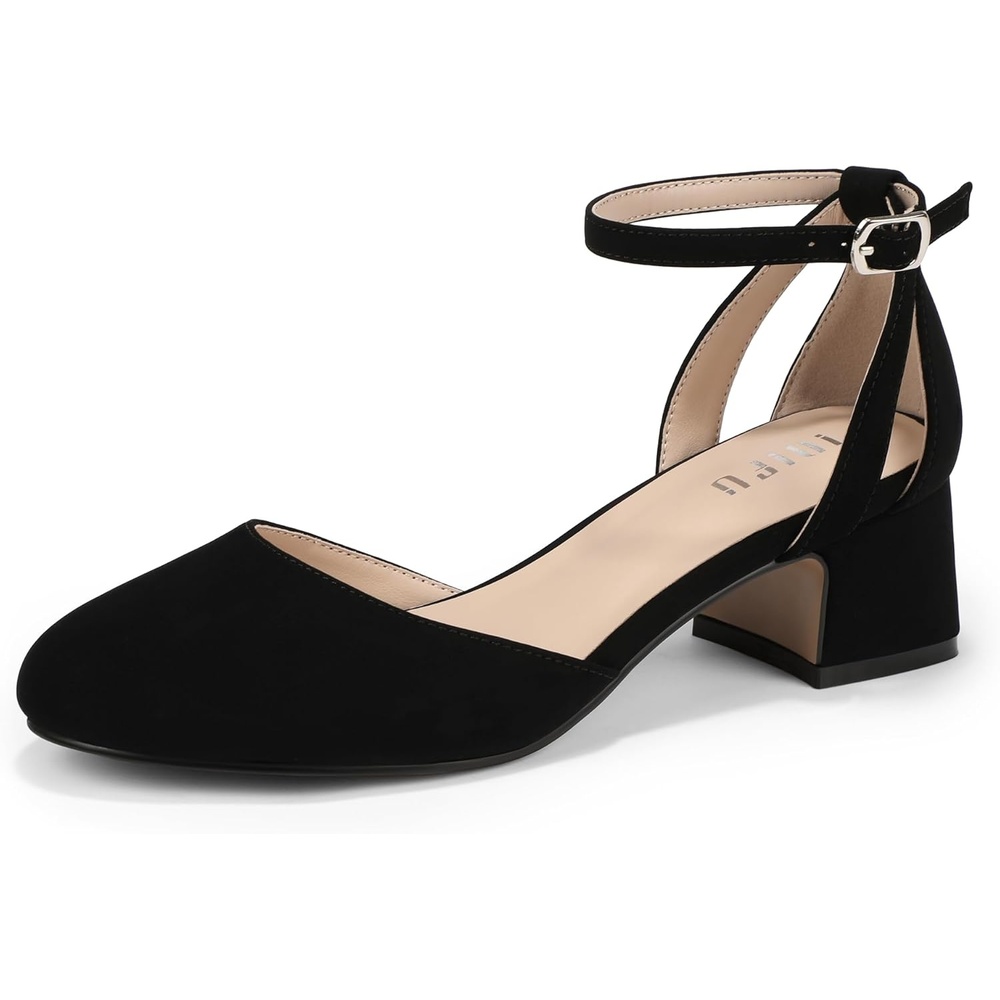 image:imageIDIFU IN2 Womens Pumps Closed Round Toe Low Block Chunky Ankle Strap Heels Dressy Wedding Bride Prom Business Office Dress Shoes for Women Comfortable Cute Formal Short Small HeelsBlack Nubuck