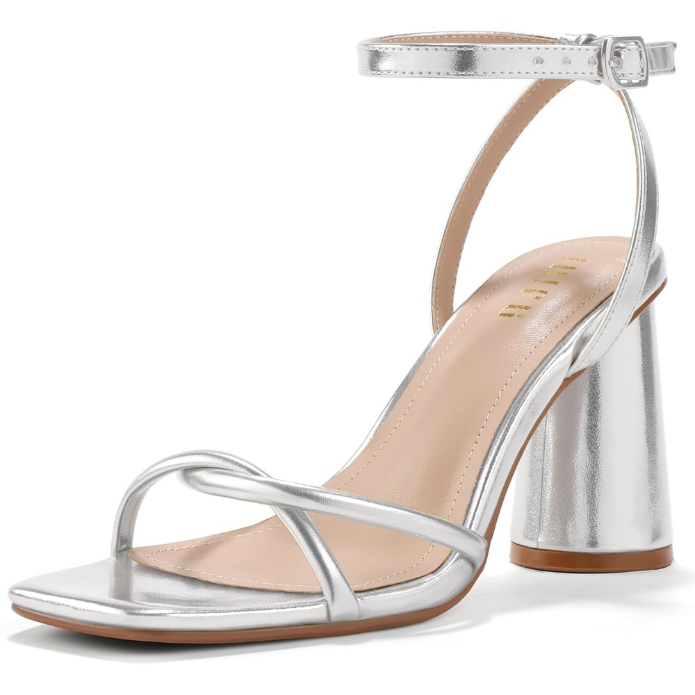 image:imageIDIFU IN3 Chunky Strappy Heels for Women High Block Open Square Toe Heel Dressy Ankle Strap Heeled Sandals Dress Shoes for Women Wedding Bridal Office Prom Shoe Thick HeelsSilver Pu