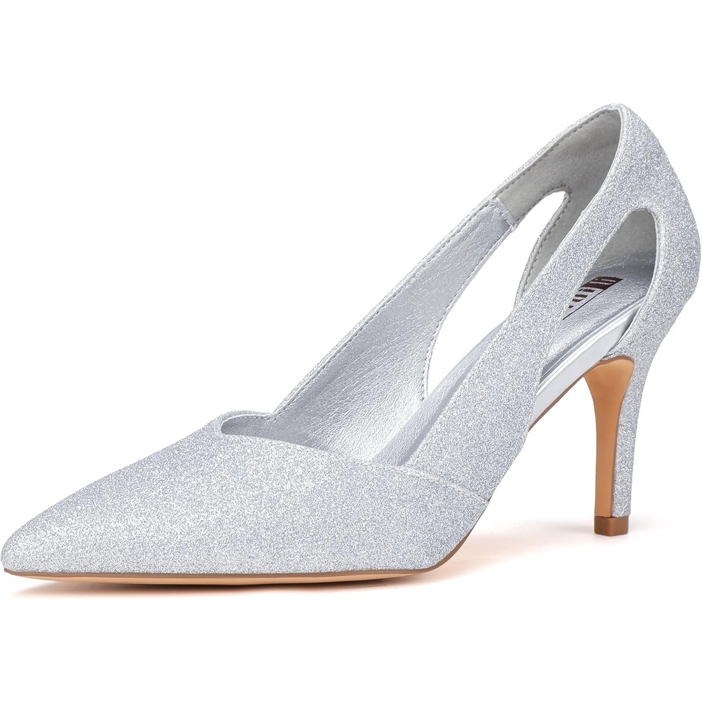 image:imageIDIFU IN3 Closed Pointed Toe Heels Womens Pumps Stiletto Kitten Heel Comfortable Cut Out Dress Shoes for Women Wedding Bridal Prom Office Casual Fashion Cute Classic Pumps ShoesSilver Shiny