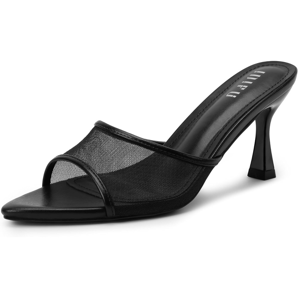 image:imageIDIFU IN3 Kitten Heels Mesh Pointed Toe Slip On Comfortable Slides Heeled Sandals Sexy Wedding Party Bridal Bride Dress Shoes Dressy Open Toe Mules Heels for WomenBlack Pu