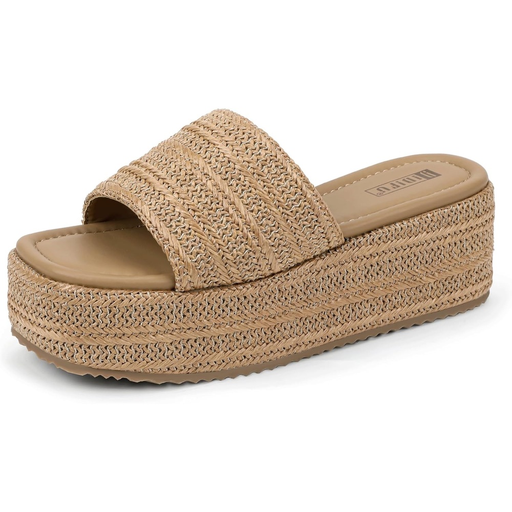 image:imageIDIFU IN3 Platform Espadrille Sandals Slip on Low Raffia Wedges for Women Summer Beach Vacation Dressy Slides Shoes Comfortable Cute Casual Bohemia Round Open Toe SandalsTan