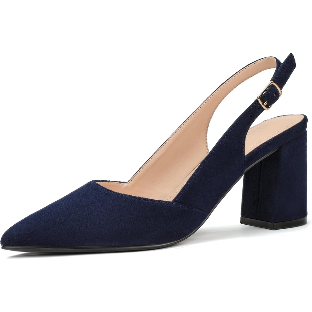 image:imageIDIFU IN3 Womens Slingback Heels Closed Pointed Toe Chunky Low Heel Dress Pumps Comfort Bridal Wedding Party Prom Work Office Business Pumps ShoesNavy Blue Suede