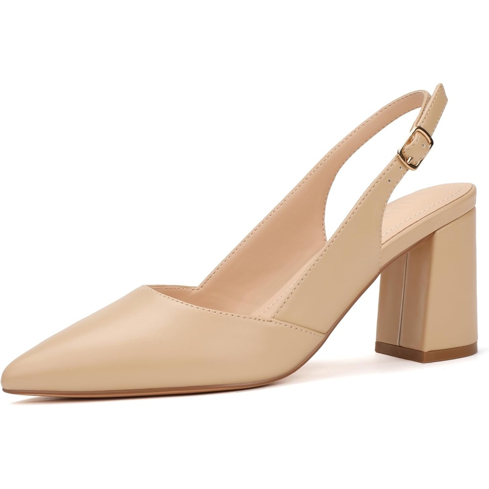 image:imageIDIFU IN3 Womens Slingback Heels Closed Pointed Toe Chunky Low Heel Dress Pumps Comfort Bridal Wedding Party Prom Work Office Business Pumps ShoesNude Pu