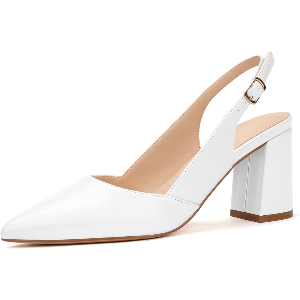 image:imageIDIFU IN3 Womens Slingback Heels Closed Pointed Toe Chunky Low Heel Dress Pumps Comfort Bridal Wedding Party Prom Work Office Business Pumps ShoesWhite Pu