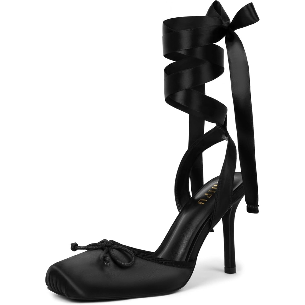 image:imageIDIFU IN4 Ballet Heels Closed Square Toe Bow Ballerina High Heels for Women Lace Up Stiletto Wedding Bridal Dancing Evening Prom Party Shoes Comfortable Sexy Cute Slingback Pumps ShoesBlack Satin