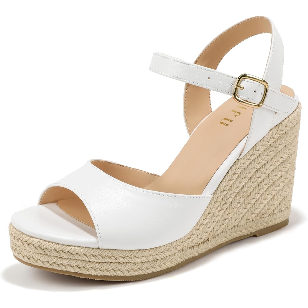 image:imageIDIFU IN4 Espadrilles Wedges Sandals for Women Platform Peep Open Toe Slingback Wedge Comfortable Summer Wedding Prom Work Beach Dress High Heel Wedges SandalsWhite Pu