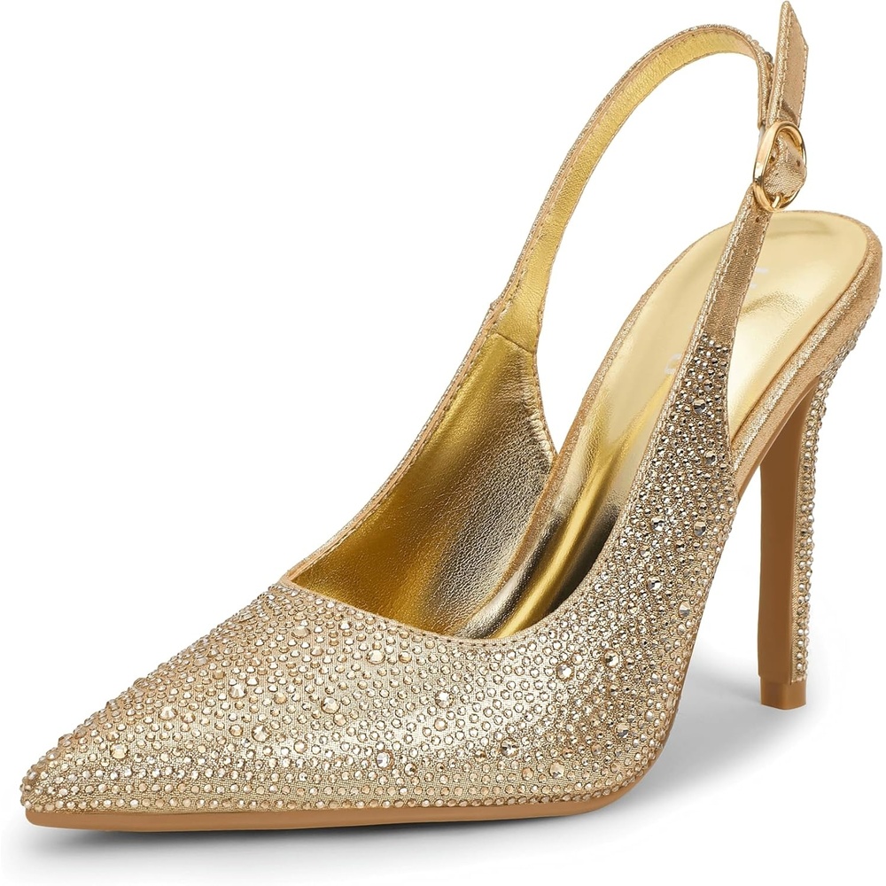 image:imageIDIFU IN4 Sparkly Rhinestone Slingback Heels for Women Pumps Closed Pointed Toe Stiletto High Heels Dress Shoes for Women Sexy Wedding Bridal Prom Office Work Pumps ShoesGold Rhinestone