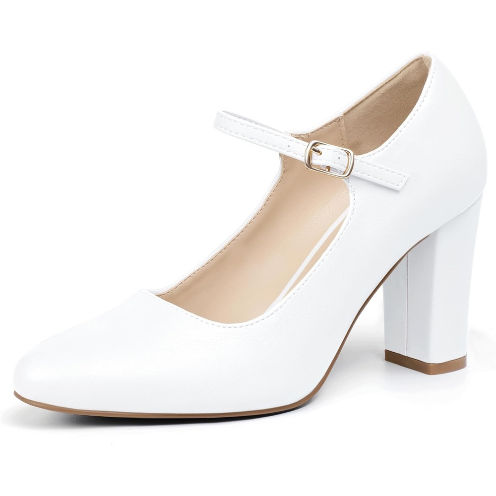 image:imageIDIFU IN4 Womens Pumps Mary Jane Dress Shoes for Women Closed Toe Heels High Chunky Block Heels Dressy Wedding Bride Prom Graduation Business Heels Comfortable Formal Vintage Round Toe Pumps ShoesWhite Pu