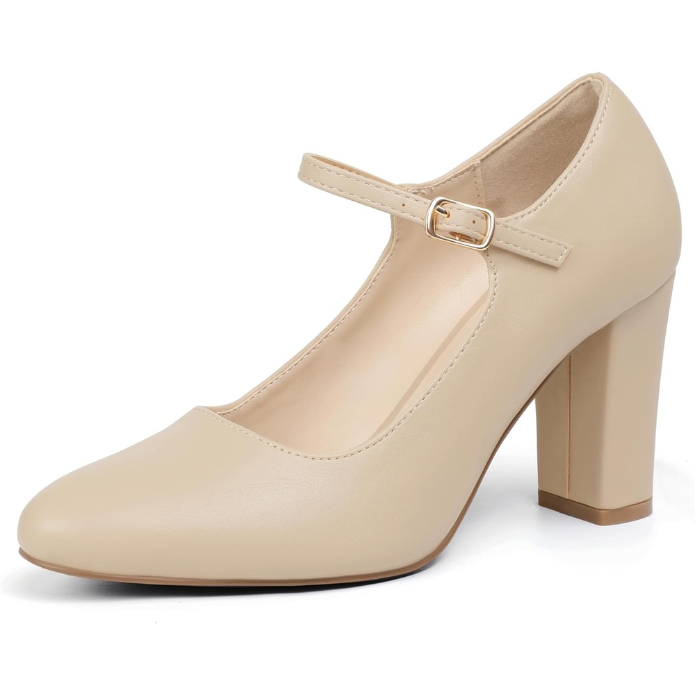 image:imageIDIFU IN4 Womens Pumps Mary Jane Dress Shoes for Women Closed Toe Heels High Chunky Block Heels Dressy Wedding Bride Prom Graduation Business Heels Comfortable Formal Vintage Round Toe Pumps ShoesNude Pu