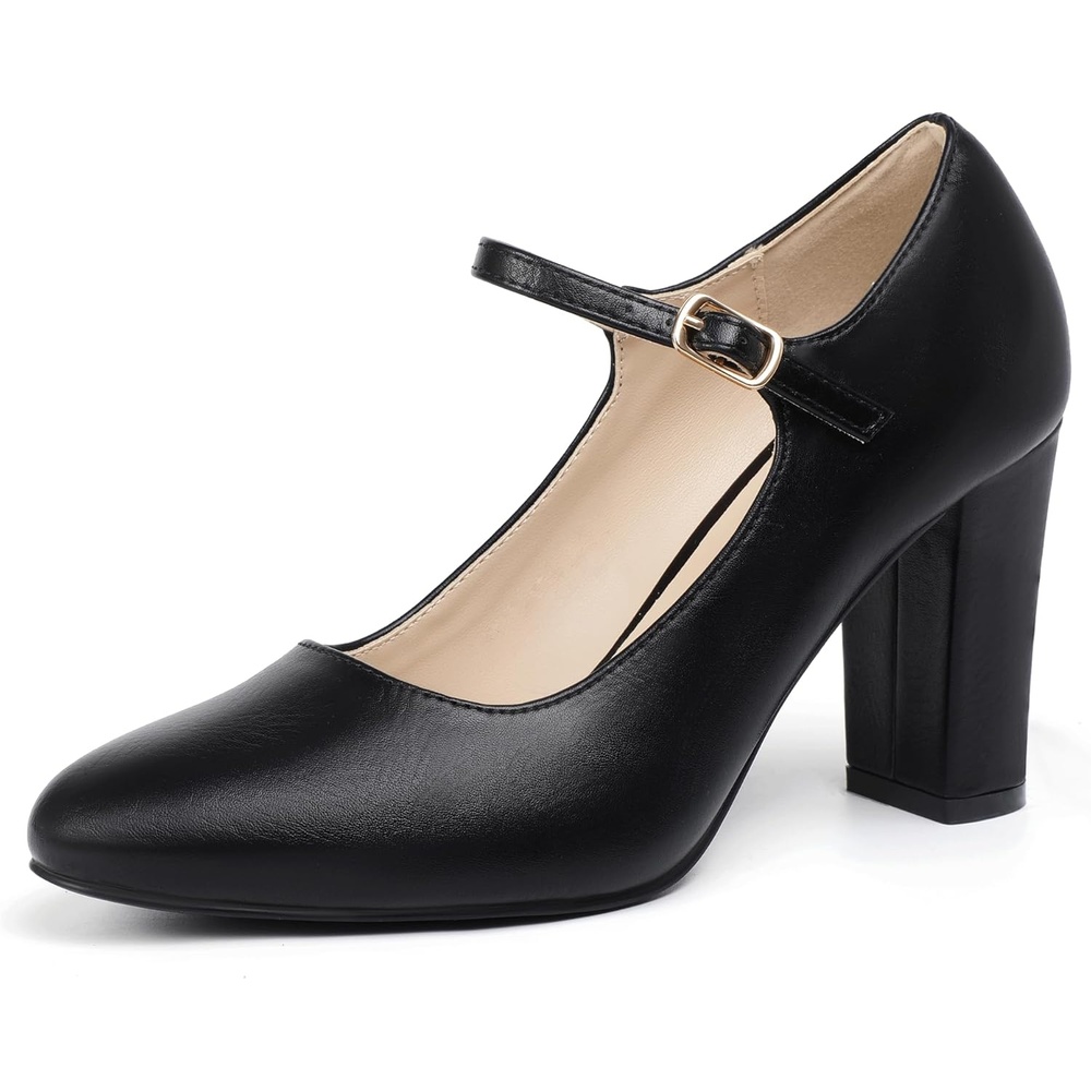 image:imageIDIFU IN4 Womens Pumps Mary Jane Dress Shoes for Women Closed Toe Heels High Chunky Block Heels Dressy Wedding Bride Prom Graduation Business Heels Comfortable Formal Vintage Round Toe Pumps ShoesBlack Pu