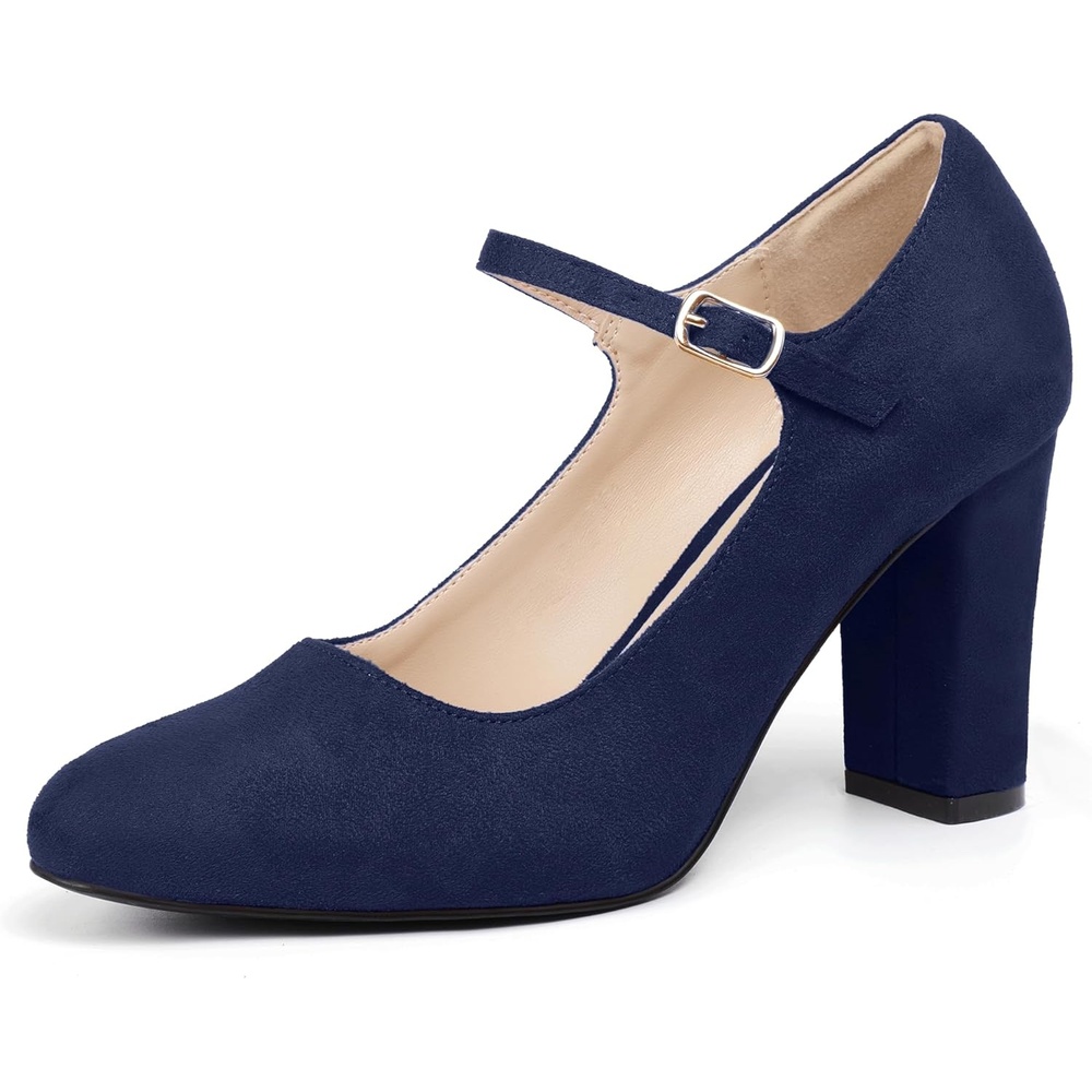image:imageIDIFU IN4 Womens Pumps Mary Jane Dress Shoes for Women Closed Toe Heels High Chunky Block Heels Dressy Wedding Bride Prom Graduation Business Heels Comfortable Formal Vintage Round Toe Pumps ShoesNavy Blue Suede