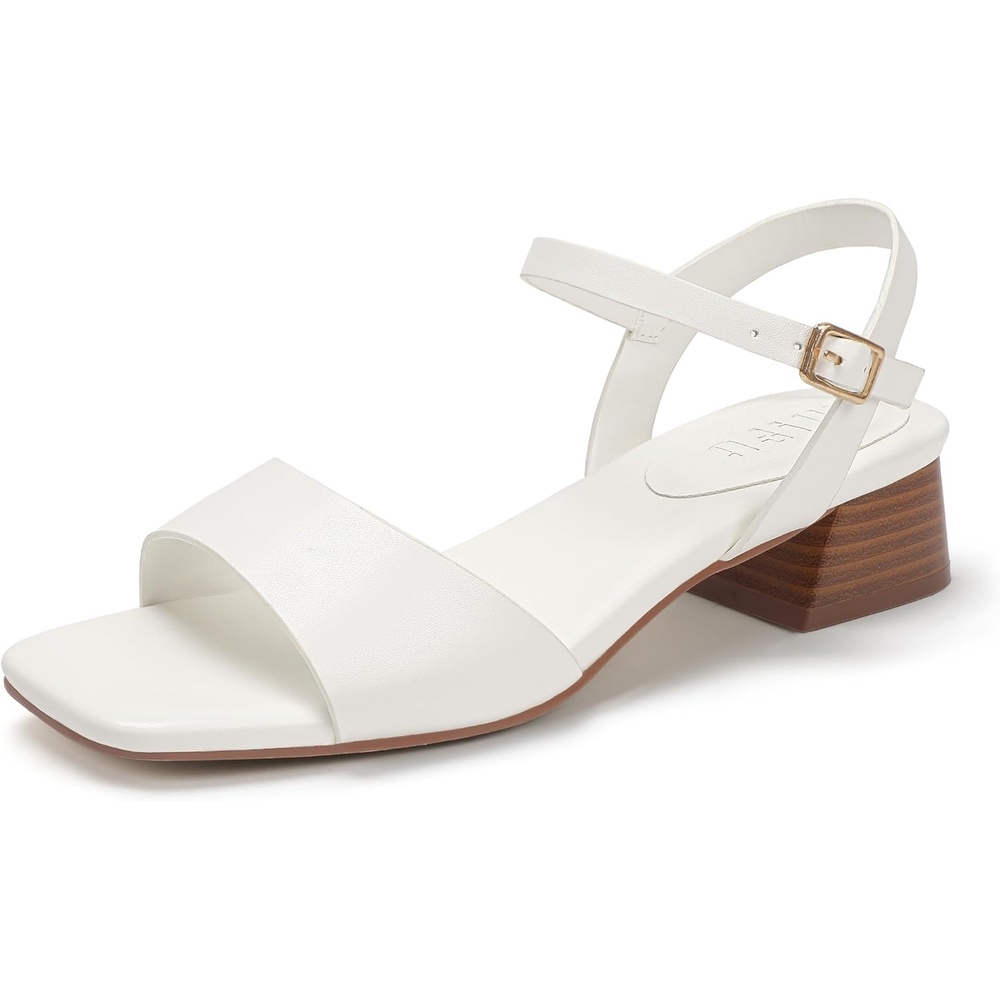 image:imageIDIFU Low Heels for Women Square Toe Chunky Block Heeled Sandals Ankle Strap Open Toe Dress Shoes Wedding Bride Bridal Prom Evening Party Comfortable Dressy Casual Cute Short HeelsWhite Pu