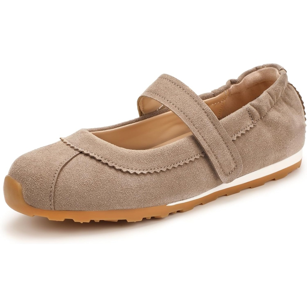 image:imageIDIFU Mary Jane Sneakers for Women Fashion Ankle Strap Ballet Flats with Adjustable Hook and Loop Comfortable Cute Closed Round Toe Slip On Dressy Walking Dress Shoes Office Travel Everyday SneakersTaupe Nubuck