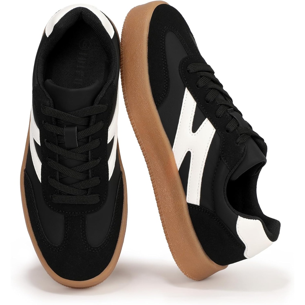 image:imageIDIFU Womens Fashion Sneakers Trendy Comfortable Cute Laceup Shoes Tennis Work Ladies Shoes Casual Classic Retro Non Slip Lightweight SneakersBlack Pu