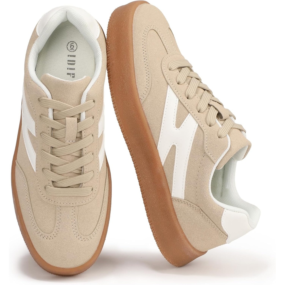 image:imageIDIFU Womens Fashion Sneakers Trendy Comfortable Cute Laceup Shoes Tennis Work Ladies Shoes Casual Classic Retro Non Slip Lightweight SneakersNude Suede