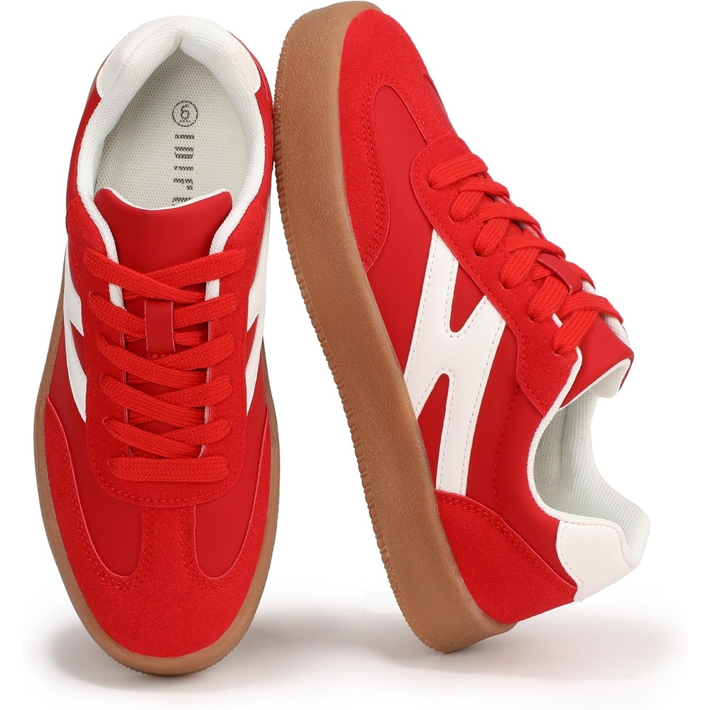 image:imageIDIFU Womens Fashion Sneakers Trendy Comfortable Cute Laceup Shoes Tennis Work Ladies Shoes Casual Classic Retro Non Slip Lightweight SneakersRed Pu