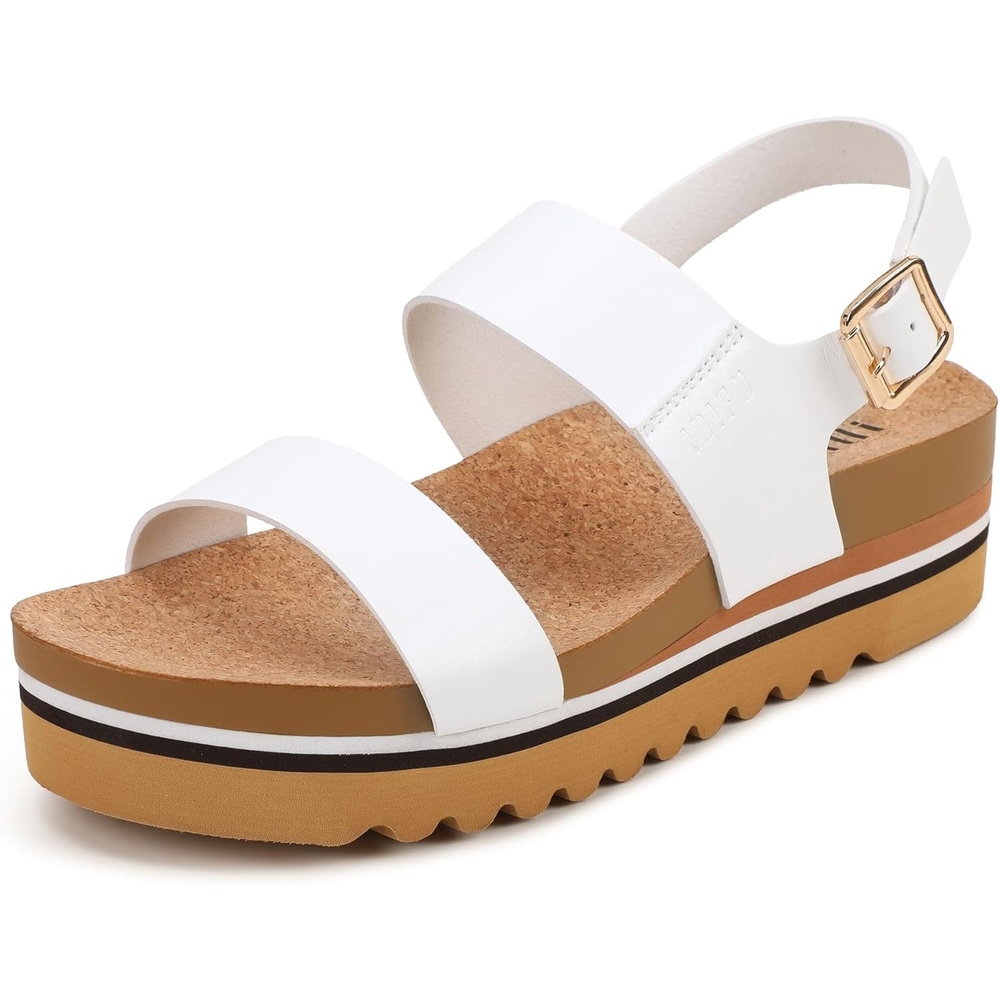 image:imageIDIFU Womens IN2 Platform Sandals Comfortable Arch Support Low Heeled Wedge Chunky Sandals Ankle Strap Flatform Footbed Summer Beach Slingback Dress Shoes for Women Ladies Cute Buckle PlatformsWhite Pu