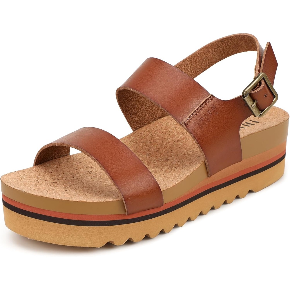 image:imageIDIFU Womens IN2 Platform Sandals Comfortable Arch Support Low Heeled Wedge Chunky Sandals Ankle Strap Flatform Footbed Summer Beach Slingback Dress Shoes for Women Ladies Cute Buckle PlatformsBrown Pu