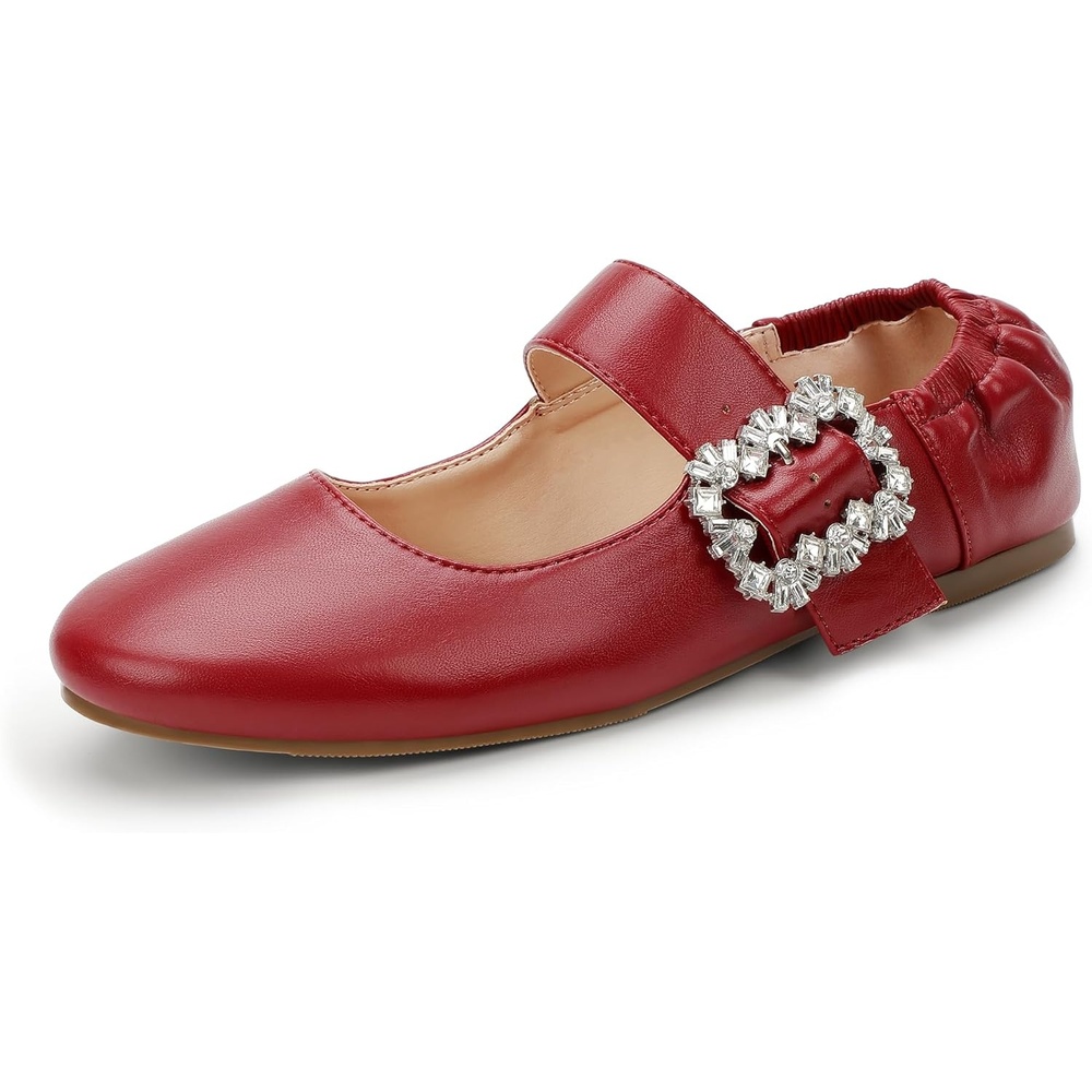 image:imageIDIFU Womens Mary Jane Ballet Flats Closed Round Toe Dress Shoes with Adjustable Rhinestone Buckle Comfortable Cute Dressy Wedding Casual Prom Bride Slip On Elastic FlatsRed Pu