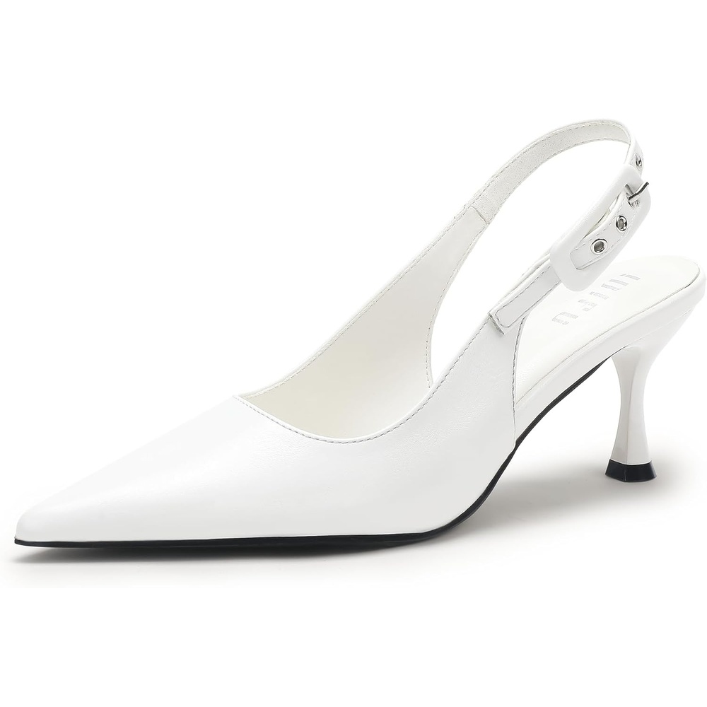 image:imageIDIFU Womens Slingback Kitten Heels Pointed Closed Toe Heeled Pumps Stiletto Low Heel Dress Pumps Shoes Buckle Strap Comfort Bridal Wedding Work Party Prom Formal HeelsWhite Pu