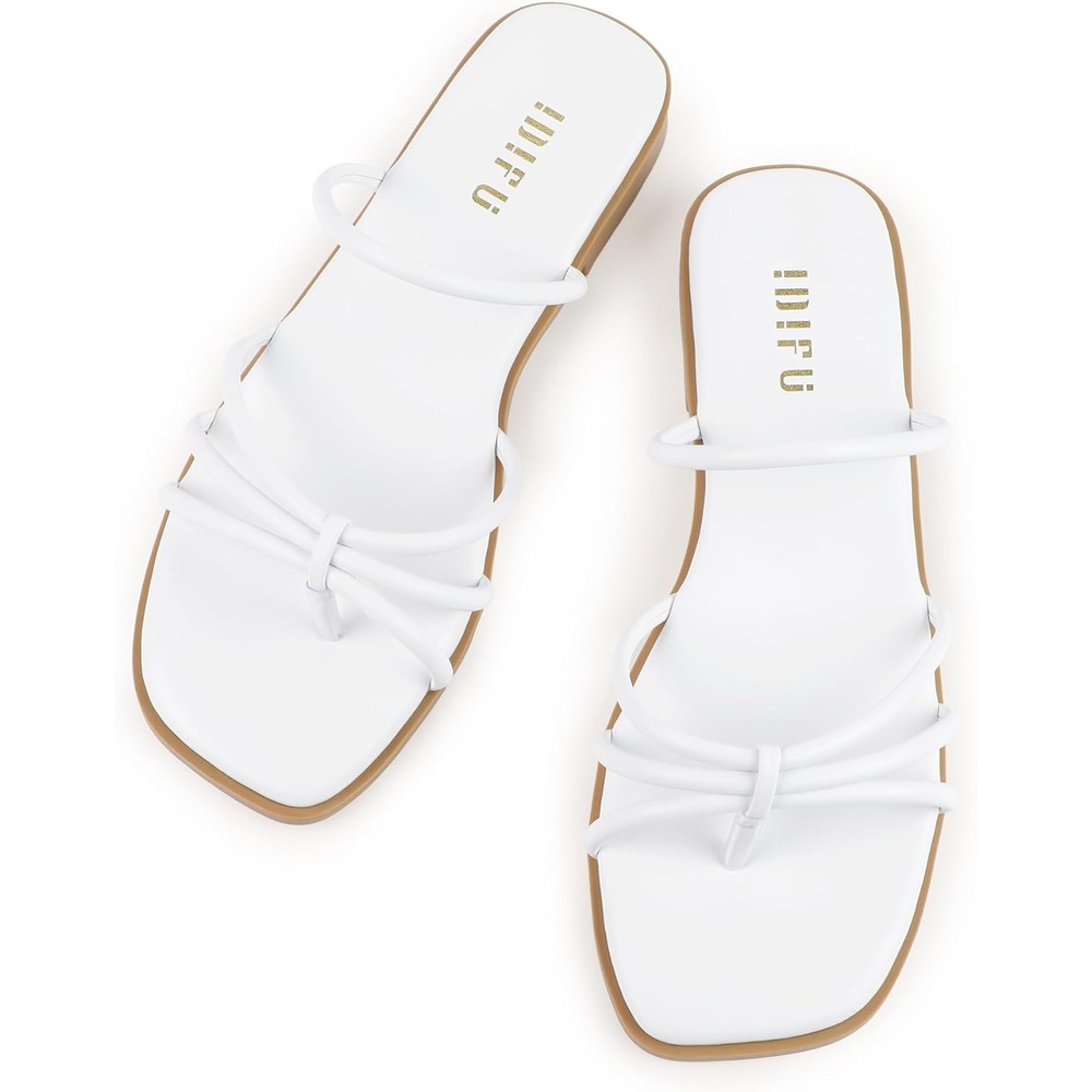image:imageIDIFU Womens Strappy Flat Sandals Square Open Toe Slide Sandals Slip On Slingback Dress Sandals Summer Casual Work Wedding Ladies Sandals Comfortable Dressy Trendy Formal SandalsWhite Pu