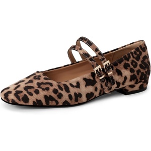 image:imageIDIFU Ballet Flats Square Toe Mary Jane Flat Shoes for Women Double Strap Closed Toe Ballerina Flat Dress Shoes Comfortable Casual Formal Work Office Business Cute Fashion Dressy FlatsLeopard Suede