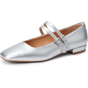 image:imageIDIFU Ballet Flats Square Toe Mary Jane Flat Shoes for Women Double Strap Closed Toe Ballerina Flat Dress Shoes Comfortable Casual Formal Work Office Business Cute Fashion Dressy FlatsSilver Pu