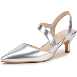 image:imageIDIFU IN2 Kitten Closed Toe Heels Slingback Low Short Pointed Pumps Small Comfortable Work Dress Shoes for Women Wedding Prom Graduation Heel Formal Cute Ladies Pumps ShoesSilver Pu