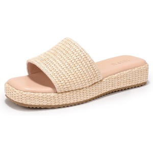 image:imageIDIFU IN2 Platform Espadrille Sandals Raffia Slip on Low Wedges Slides for Women Summer Beach Straw Vacation Comfortable Cute Casual Square Open Toe SandalsApricot