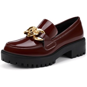 image:imageIDIFU IN2 Platform Loafers for Women Dressy with Metal Chain Slip On Low Chunky Block Lug Sole Heeled Penny Loafers Comfort Closed Round Toe Dress Shoes Office Work Business Casual Fall Loafers ShoesRed Patent