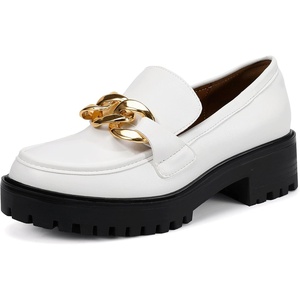 image:imageIDIFU IN2 Platform Loafers for Women Dressy with Metal Chain Slip On Low Chunky Block Lug Sole Heeled Penny Loafers Comfort Closed Round Toe Dress Shoes Office Work Business Casual Fall Loafers ShoesWhite Pu