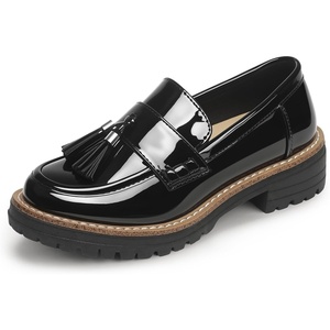 image:imageIDIFU IN2 Platform Loafers for Women Lug Sole Slip on Shoes Chunky Penny Low Heeled Loafers for Women Fall Work Business Office Party Casual Comfortable Fashion Closed Toe Dress Shoes with TasselBlack Pat