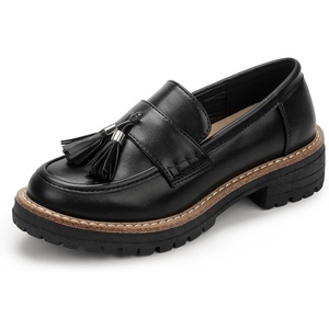 image:imageIDIFU IN2 Platform Loafers for Women Lug Sole Slip on Shoes Chunky Penny Low Heeled Loafers for Women Fall Work Business Office Party Casual Comfortable Fashion Closed Toe Dress Shoes with TasselBlack Pu
