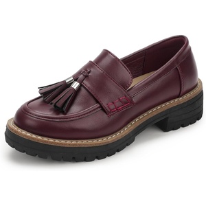 image:imageIDIFU IN2 Platform Loafers for Women Lug Sole Slip on Shoes Chunky Penny Low Heeled Loafers for Women Fall Work Business Office Party Casual Comfortable Fashion Closed Toe Dress Shoes with TasselBurgundy Pu
