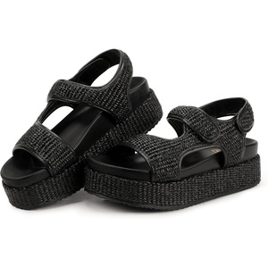 image:imageIDIFU IN2 Raffia Platform Sandals Women Espadrille Flatform Chunky Round Open Toe Woven Slingback Two Hook and Loop Straps Beach Comfortable Summer Walking Cute Casual Trendy Wedge SandalsBlack Raffia