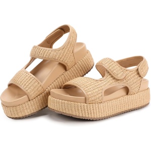 image:imageIDIFU IN2 Raffia Platform Sandals Women Espadrille Flatform Chunky Round Open Toe Woven Slingback Two Hook and Loop Straps Beach Comfortable Summer Walking Cute Casual Trendy Wedge SandalsNatural Raffia