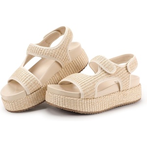 image:imageIDIFU IN2 Raffia Platform Sandals Women Espadrille Flatform Chunky Round Open Toe Woven Slingback Two Hook and Loop Straps Beach Comfortable Summer Walking Cute Casual Trendy Wedge SandalsBeige Raffia