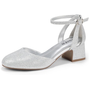 image:imageIDIFU IN2 Womens Pumps Closed Round Toe Low Block Chunky Ankle Strap Heels Dressy Wedding Bride Prom Business Office Dress Shoes for Women Comfortable Cute Formal Short Small HeelsSilver Glitter