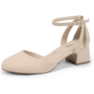 image:imageIDIFU IN2 Womens Pumps Closed Round Toe Low Block Chunky Ankle Strap Heels Dressy Wedding Bride Prom Business Office Dress Shoes for Women Comfortable Cute Formal Short Small HeelsNude Nubuck