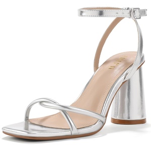image:imageIDIFU IN3 Chunky Strappy Heels for Women High Block Open Square Toe Heel Dressy Ankle Strap Heeled Sandals Dress Shoes for Women Wedding Bridal Office Prom Shoe Thick HeelsSilver Pu
