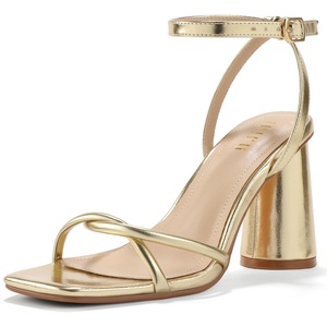 image:imageIDIFU IN3 Chunky Strappy Heels for Women High Block Open Square Toe Heel Dressy Ankle Strap Heeled Sandals Dress Shoes for Women Wedding Bridal Office Prom Shoe Thick HeelsGold Pu