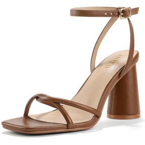 image:imageIDIFU IN3 Chunky Strappy Heels for Women High Block Open Square Toe Heel Dressy Ankle Strap Heeled Sandals Dress Shoes for Women Wedding Bridal Office Prom Shoe Thick HeelsBrown Pu